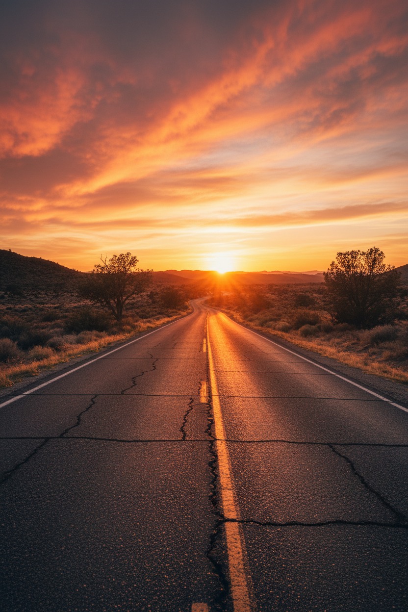 Una carretera solitaria atraviesa un paisaje desértico bajo un cielo vibrante durante el atardecer.